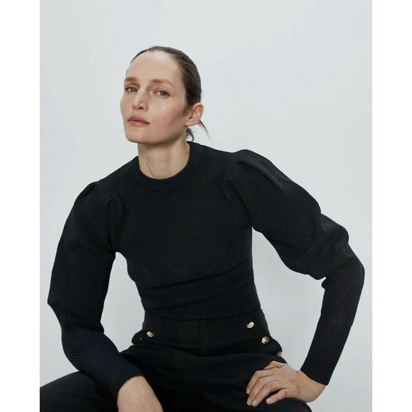Zara Sweaters - Zara Balloon Sleeve Ribbed Knit Jumper Sweater Black Long Sleeve Crew Medium